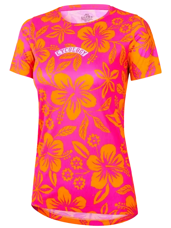 Women's pink and orange floral cycling jersey with Cycology logo, breathable fabric design