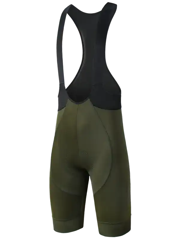 A pair of men's cycling bib shorts in olive green with a black padded back panel and shoulder straps,
