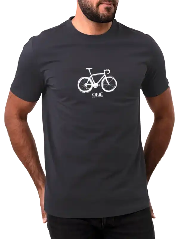 Men's dark cycling t-shirt with white bike graphic and 'ONE' text, ideal for bike enthusiasts