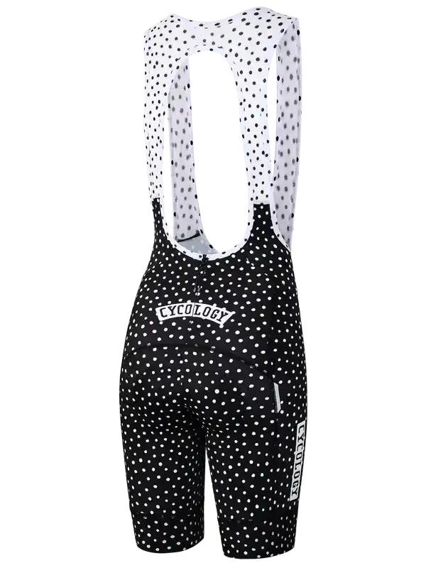 Black and white polka dot women's cycling bib shorts with Cycology branding