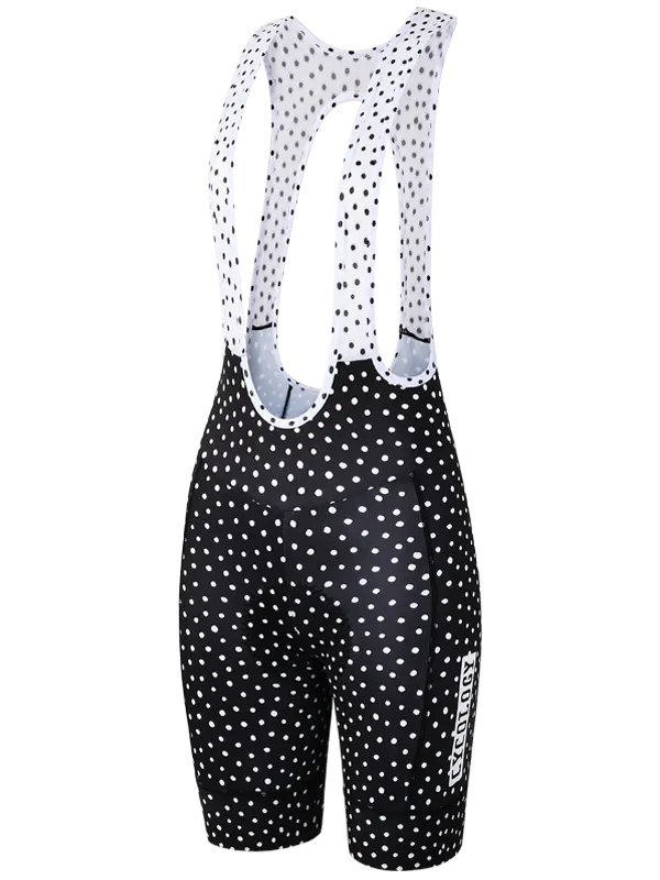 Black cycling bib shorts with white polka dot pattern - zip on back for quick stops