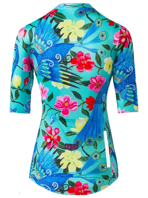 Women's cycling jersey with vibrant peacock and floral print, 3/4 sleeves, back view