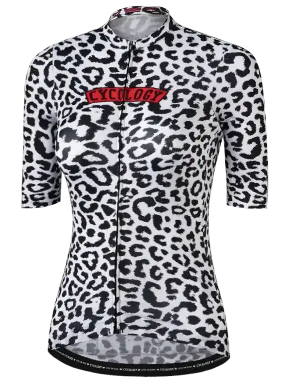 Women's leopard print cycling jersey with red logo, short sleeves, full zip front