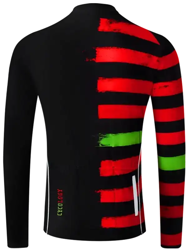 Men's cycling jersey with bold red and green stripe design on black, long sleeves, reflective details
