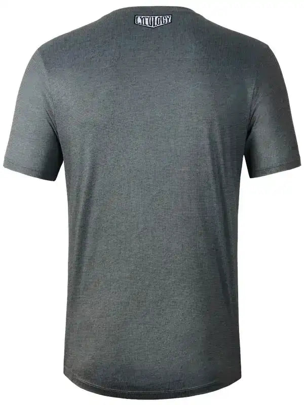 Grey men's cycling t-shirt with small logo at neckline, breathable fabric for active rides