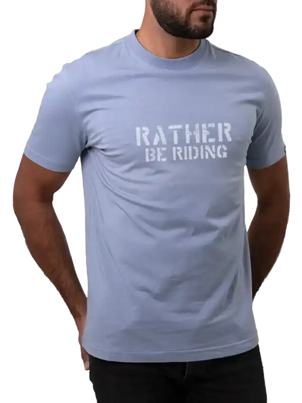 Men's light blue cycling t-shirt with 'Rather Be Riding' graphic, casual fit for cyclists