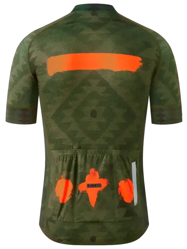 Men's cycling jersey with green camo pattern, orange accents, and rear pockets for storage