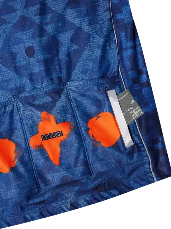 Blue cycling jersey with orange accents and 'Cycology' branding, featuring high-quality fabric design.