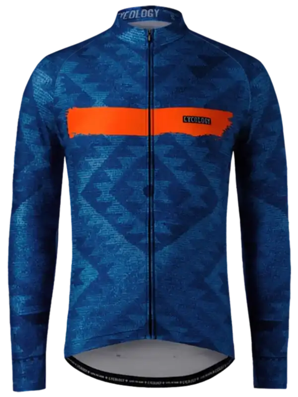 Blue long-sleeve cycling jersey with geometric pattern and orange stripe, featuring full zip and brand logo