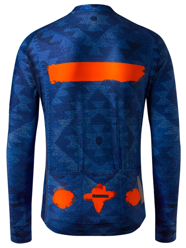 Blue cycling jersey with orange accents