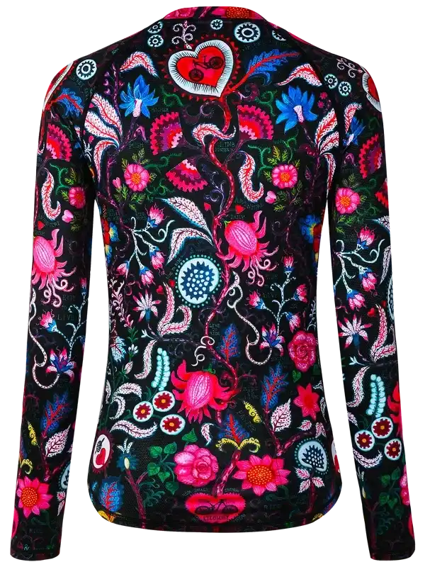 Women's long sleeve cycling jersey with vibrant floral and heart print on black background
