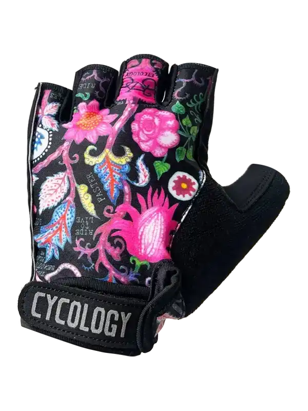 Cycology women's cycling glove with vibrant floral print, pink roses, and black grip palm for road biking comfort.