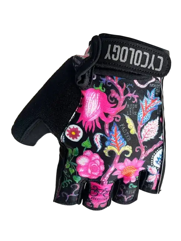 Cycling glove with vibrant floral print, fingerless design, and 'RIDE TO LIVE' text for women's bike wear