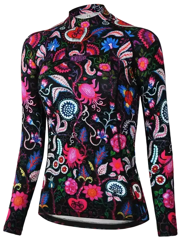 Women's long sleeve cycling jersey with vibrant floral and bike print on black background