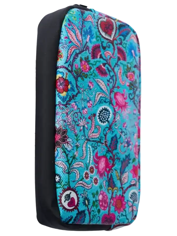 Vibrant floral patterned cycling accessory pouch with teal background and black trim