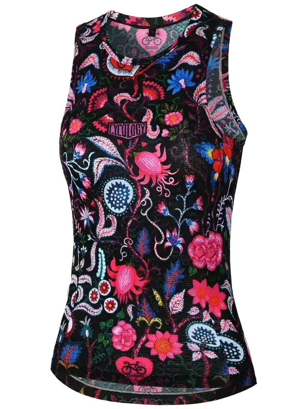 Women's cycling tank top with vibrant floral and octopus print on black mesh fabric