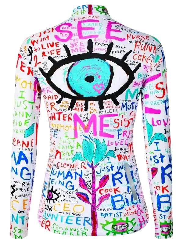 Colorful cycling jersey with bold eye design and vibrant text patterns for men and women