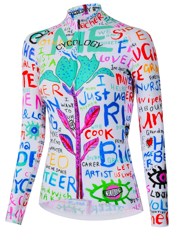 Colorful  women's long-sleeve cycling jersey with artistic designs and text on a white background
