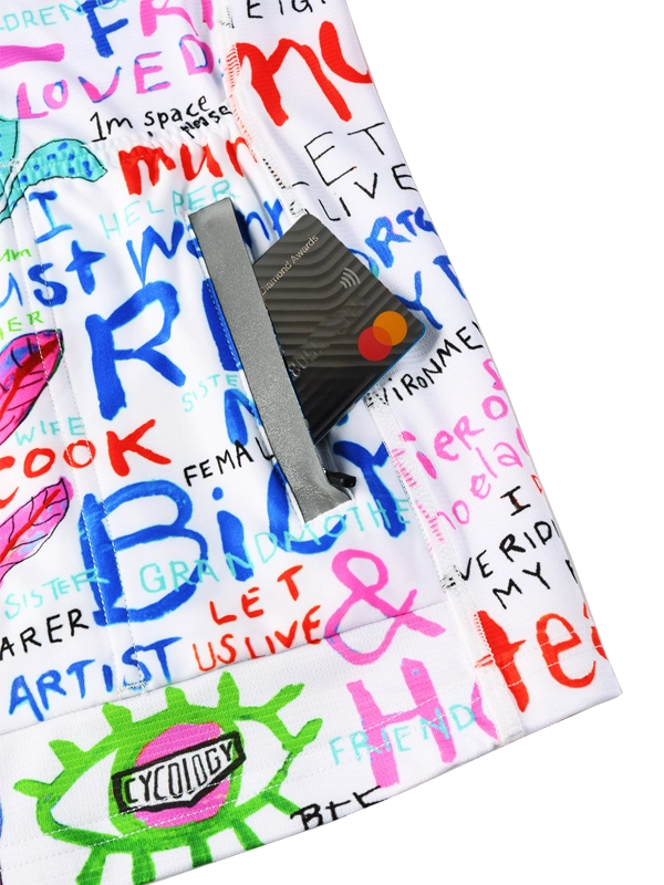 Back pockets on a Colorful  women's long-sleeve cycling jersey with artistic designs and text on a white background