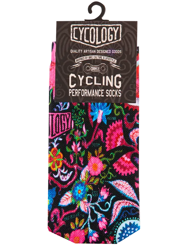 Packaged cycling performance socks with colorful design and 'Cycology' branding.