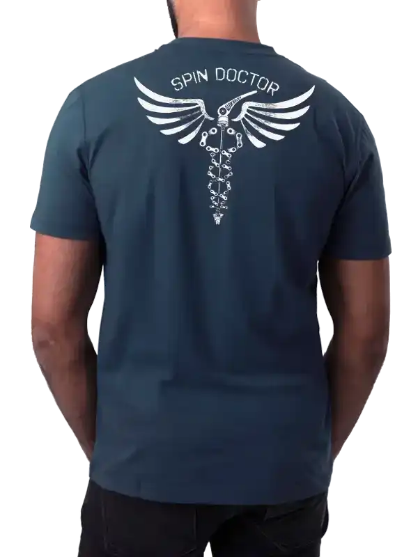 Men's cycling t-shirt with 'Spin Doctor' winged design on back, dark blue, casual fit