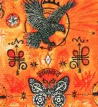 Orange cycling jersey with black eagle and butterfly graphic design.
