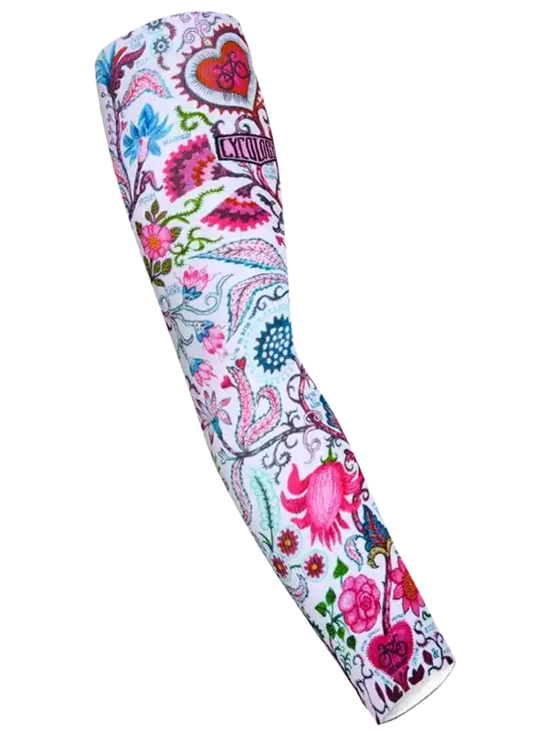 Colorful floral cycling arm sleeve with heart and bike motifs, ideal for women's cycling apparel