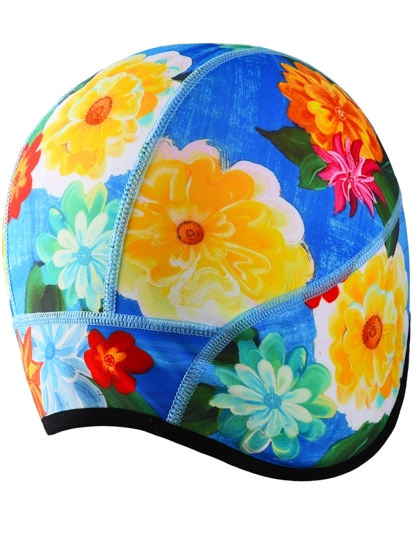 Colorful cycling beanie with floral design and 'Cycology' branding on a blue background
