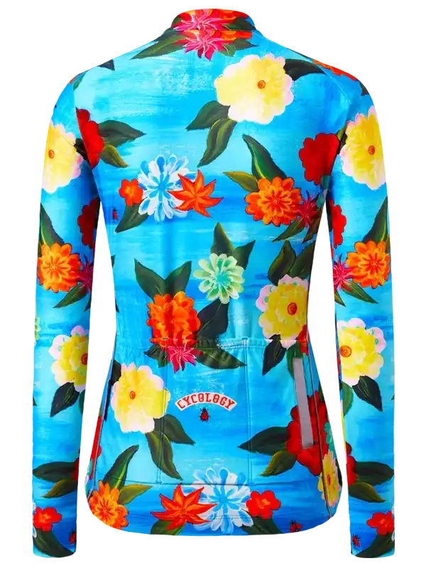 Vibrant floral cycling jersey with colorful blooms on blue background, featuring rear pockets and reflective details