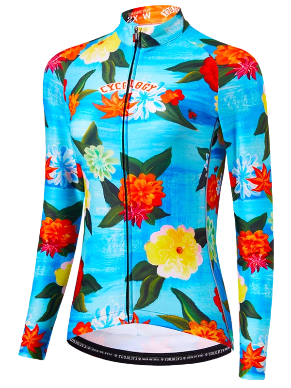 Blue Long Sleeve women's Winter cycling jersey with colorful floral design 