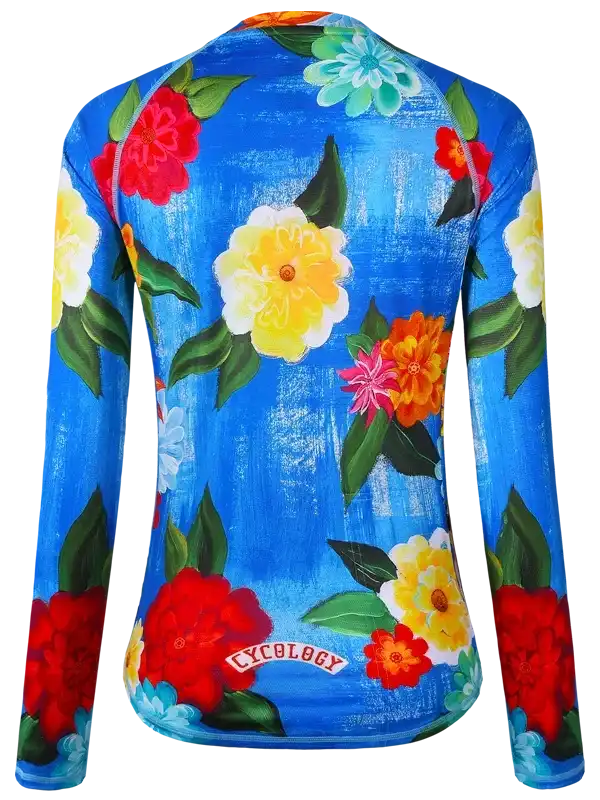 Blue floral long-sleeve cycling jersey with vibrant red, yellow, and pink flowers, green leaves, and 'Cycology' logo