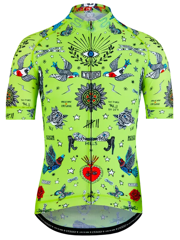 Colorful  Lime cycling jersey with various designs on a white background