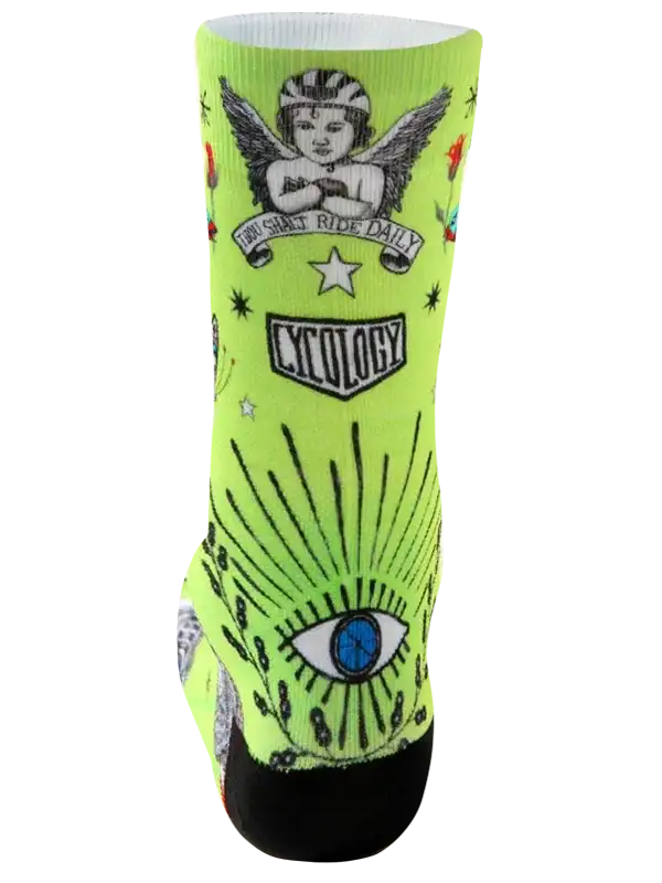 Neon green cycling sock with angel, eye graphic, and 'Thou Shalt Ride Daily' text for bike riders.