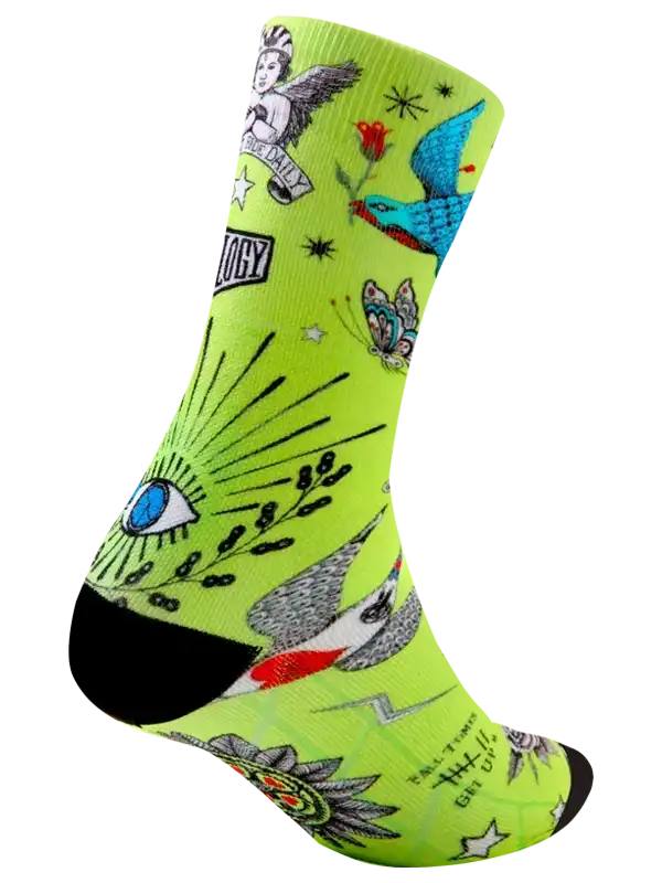 Vibrant neon green cycling sock with tattoo-style designs including birds, butterflies, and eyes for men and women