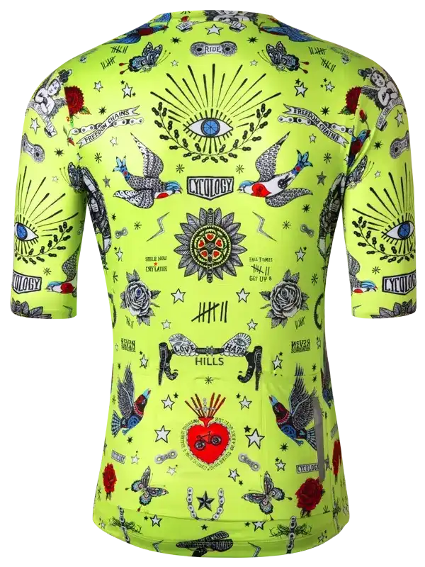 Vibrant neon green cycling jersey with tattoo-style graphics, birds, eyes, and roses for men and women