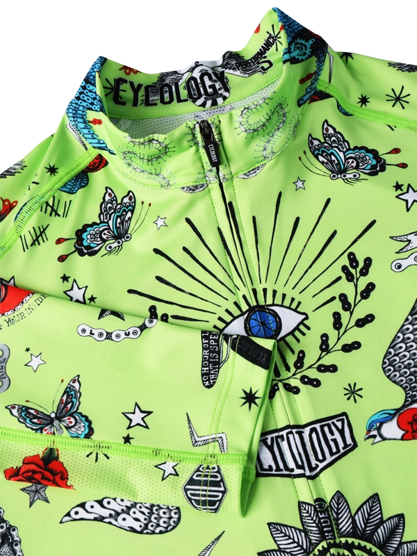 Colorful  lime green men's long sleeve cycling jersey with with colorful tattoo-style patterns 