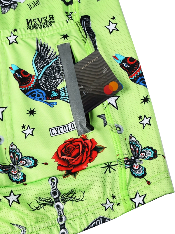 Colorful  lime green men's long sleeve cycling jersey with with colorful tattoo-style patterns  back pockets