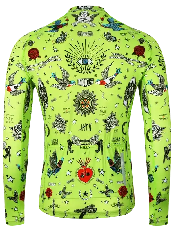 Vibrant green cycling jersey with tattoo-style designs, roses, birds, and stars for men and women.