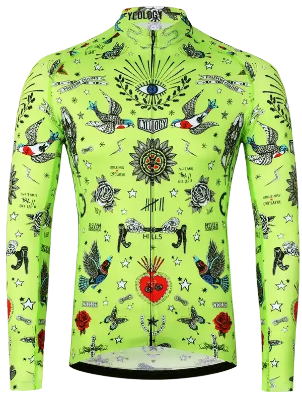 Vibrant green cycling jersey with tattoo-style birds, roses, stars, and eye motifs for men's or women's road biking