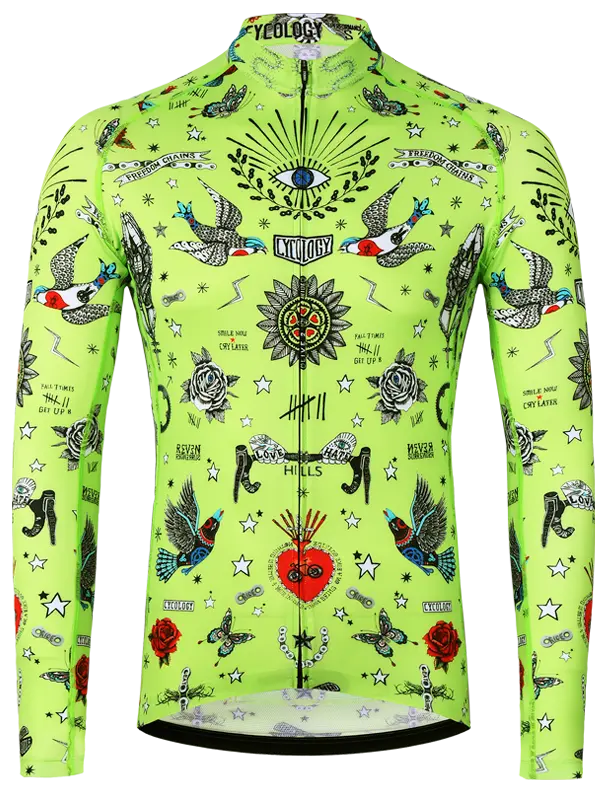 Colorful  lime men's long sleeve cycling jersey with intricate designs
