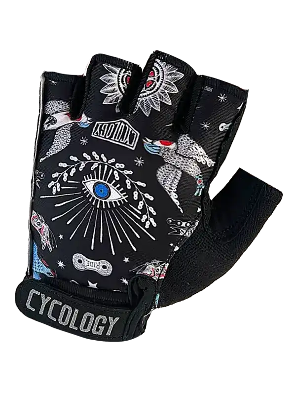 Black fingerless cycling glove with eye and tattoo-style graphics, brand name visible on wrist