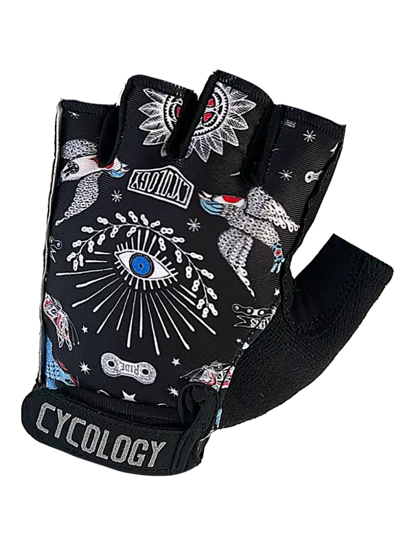 Glove with black and white design featuring symbols and the brand 'Cycology' 