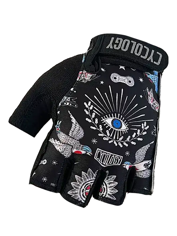 Black fingerless cycling glove with eye and bird print, Cycology brand