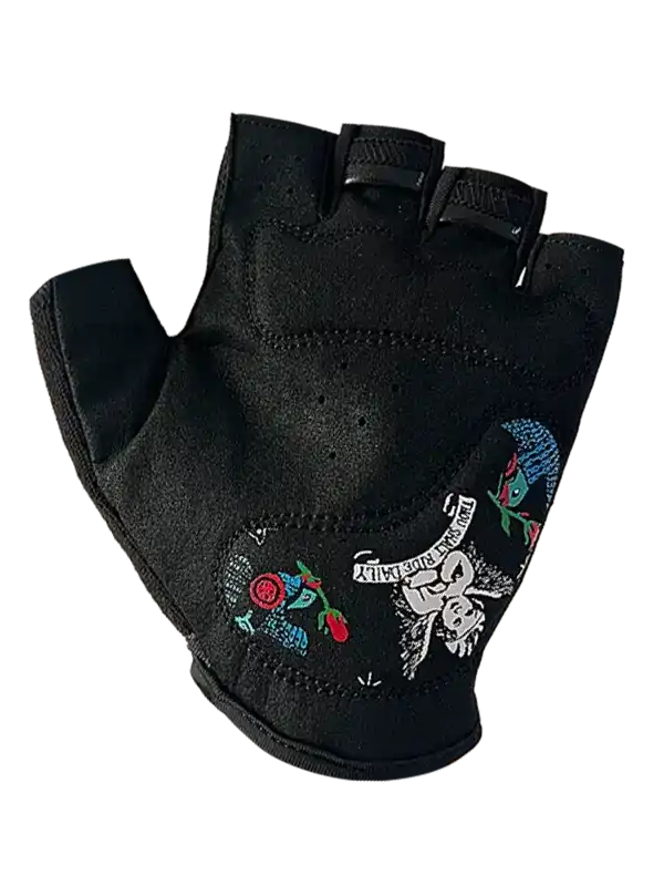 Black fingerless cycling glove with floral and skull embroidery, ideal for men's and women's bike rides