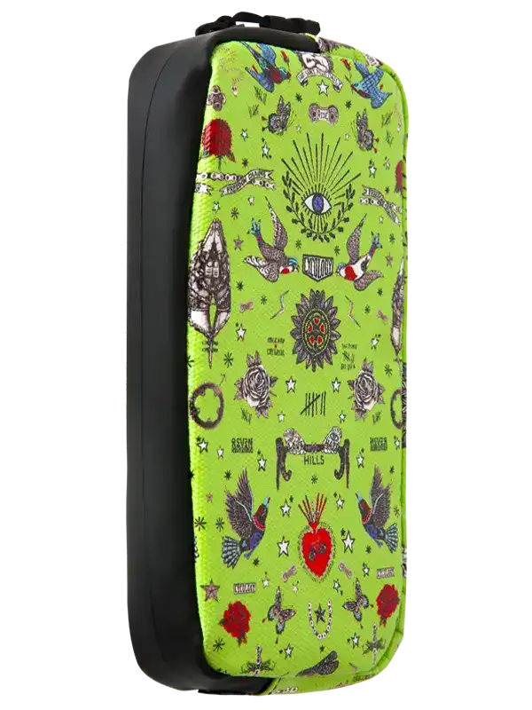 Cycology Clothing Tattoo Cycling Wallet with colorful bird and heart designs on lime green.