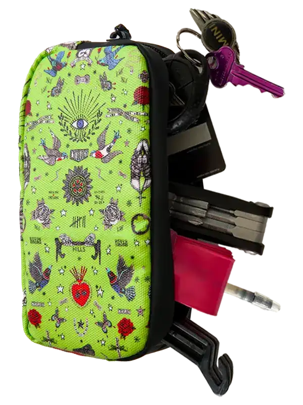 Cycology Clothing Tattoo Cycling Wallet in lime green with tattoo art patterns and keys.
