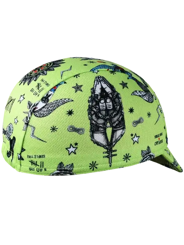 Bright green cycling cap with edgy tattoo-style graphics, stars, and bold text for men's and women's bike rides.
