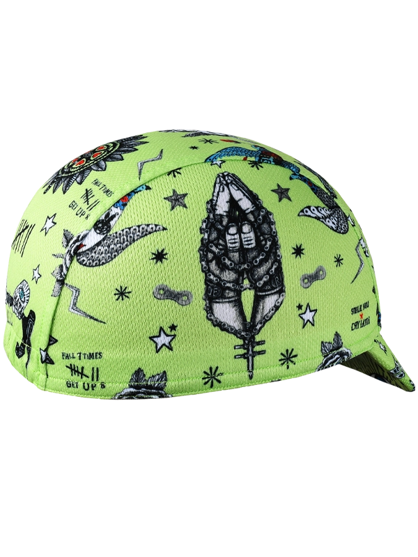 Green cycling cap with black and white tattoo style pattern 
