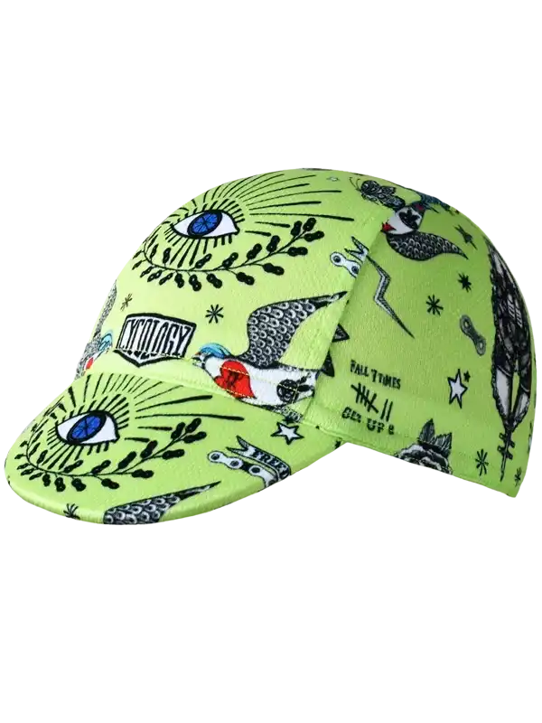Vibrant green cycling cap with tattoo-style eyes, birds, and stars design for men and women