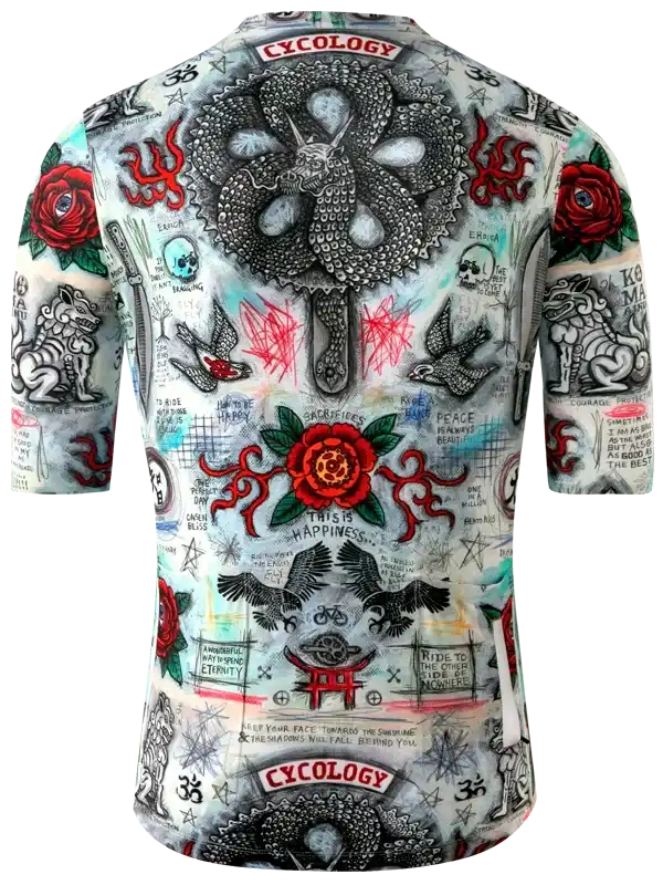 Men's cycling jersey with bold tattoo-style graphics, roses, dragons, and motivational phrases for road biking.